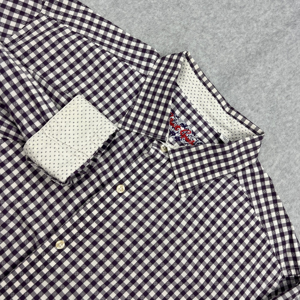 Robertâ Graham Shirt Men 2XLT Purple Gingham Check Flip Cuff Preppy Button Up